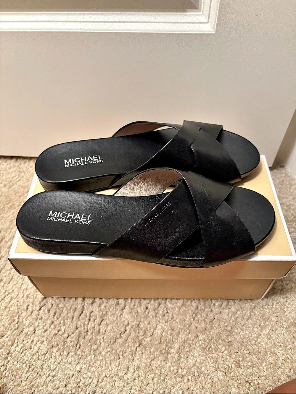Michael Kors Shelly Leather Crossover Slide Sandal Black